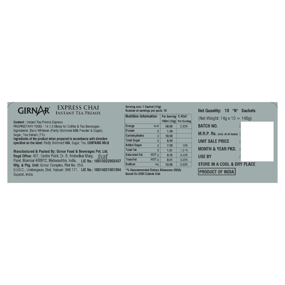 Girnar Instant Premix Express Chai 10 Sachets Vegan Quick Hot Tea Beverage Ready To Serve
