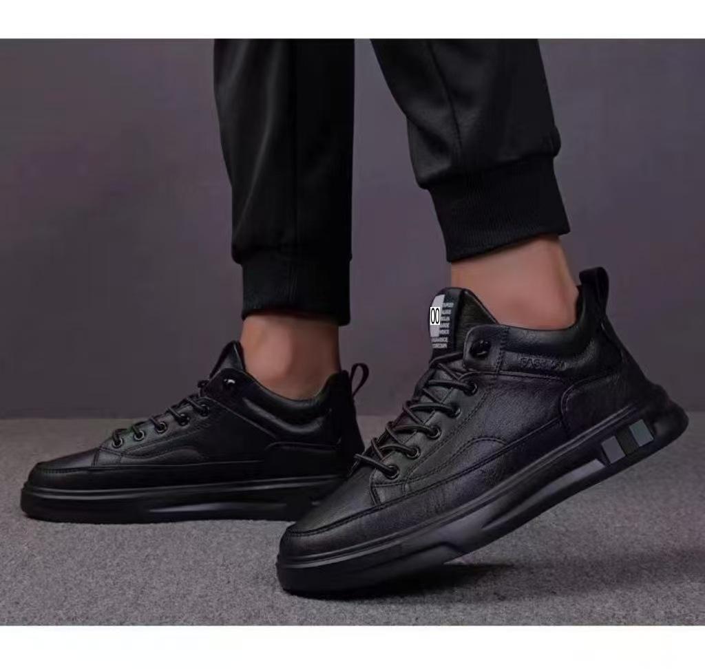 Waterproof Black Leather Lace-up Casual Men's Board Shoes: Trendy, Versatile, Comfortable.