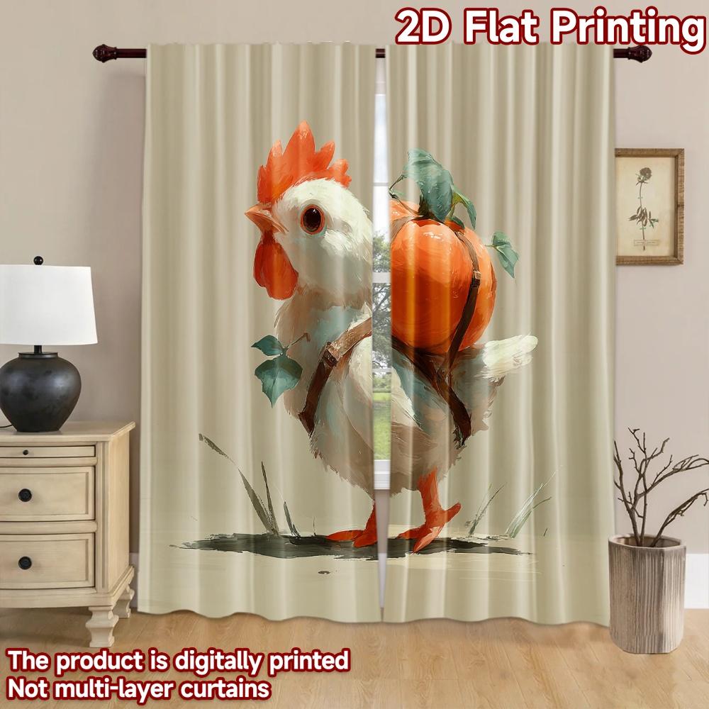 2D Flat Printing 2pcs Party Curtains Cute Chicken Carrying Pumpkin Digital Printed Polyester Drapes Festive Curtains Perfect for