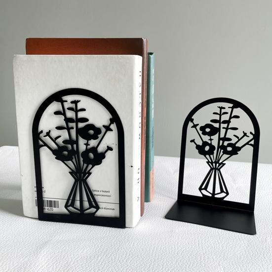 2 Stück Bücherregal-Buchstützen, hohle Blumen, geschnitztes Muster, Vase, Buchstützen, L-förmiges Design, rutschfester Buchhalter