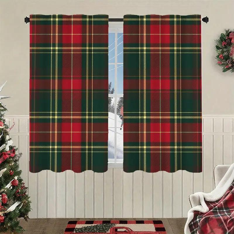 Set Of 2 Plaid Curtain Polyester Xmas Window Decor Home Classic Curtains Room Darkening Made