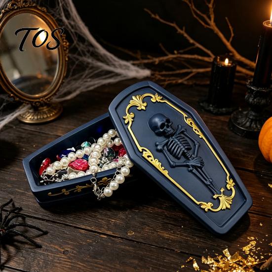 Dark Aesthetic Decor Gothic Skull Casket Jewelry Box, Resin Spooky Storage Figurine for Desktop Sundries Organizer Rings, Halloween Tabletop