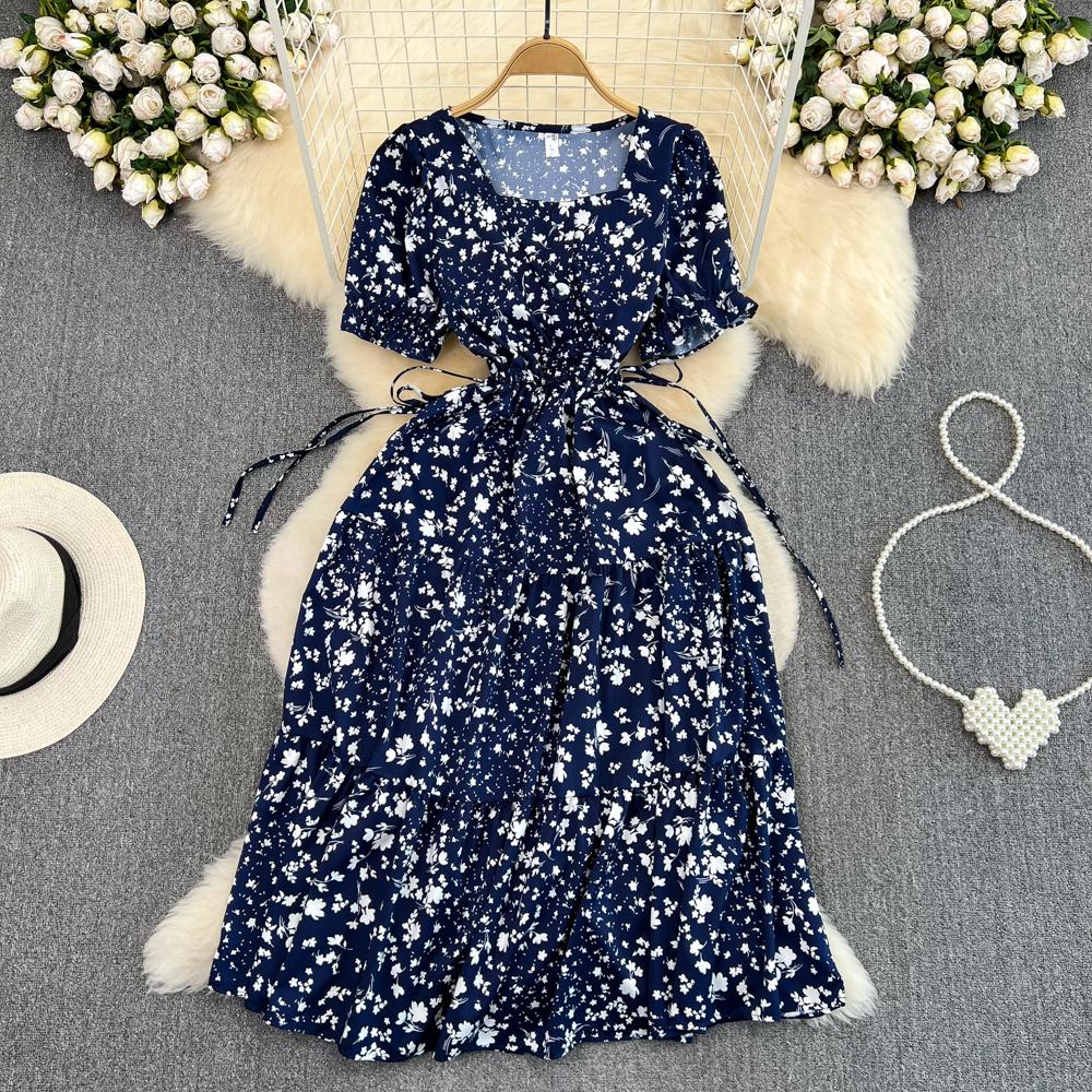 Summer Elegant Square Collar Loose Dress Women Vintage Bubble Short Sleeve Slim A-line Floral Dress French Retro Long Dresses Casual
