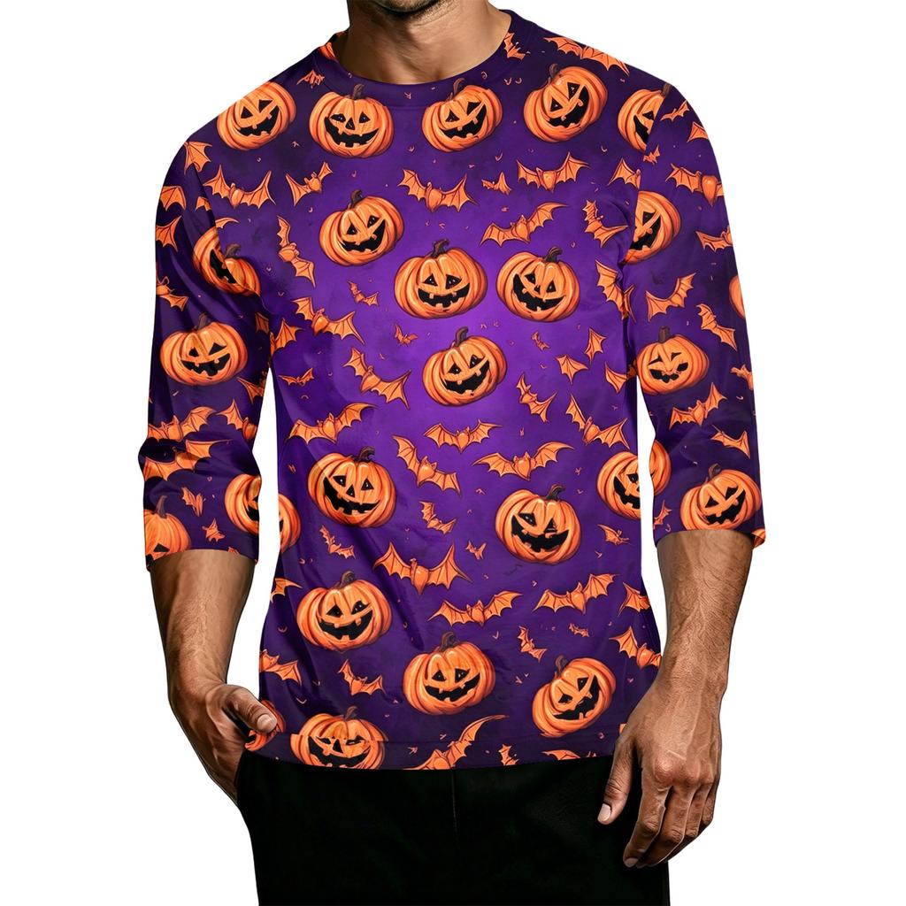 Men's Casual Halloween Print T-Shirt - Round Neck 3/4 Sleeve Novelty Graphic Tee Pullover for Adult Men - Fun Holiday Party Wear