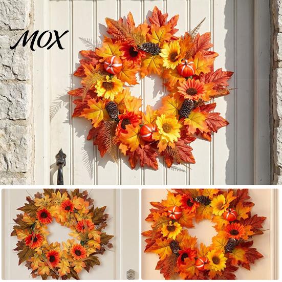 Thanksgiving Front Door Wreath Fall Sunflower Maple Leaf with Pumpkin Pinecone, Harvest Artificial Decorative Hanger Wreath, Indoor Outdoor