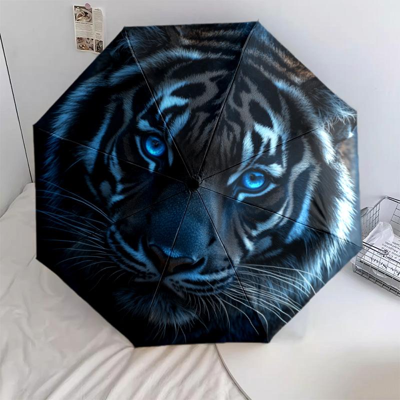 Parapluie pliant automatique motif Tigre Féroce, design portable et pliable, 8 baleines, un cadeau de Noël ou d'anniversaire.