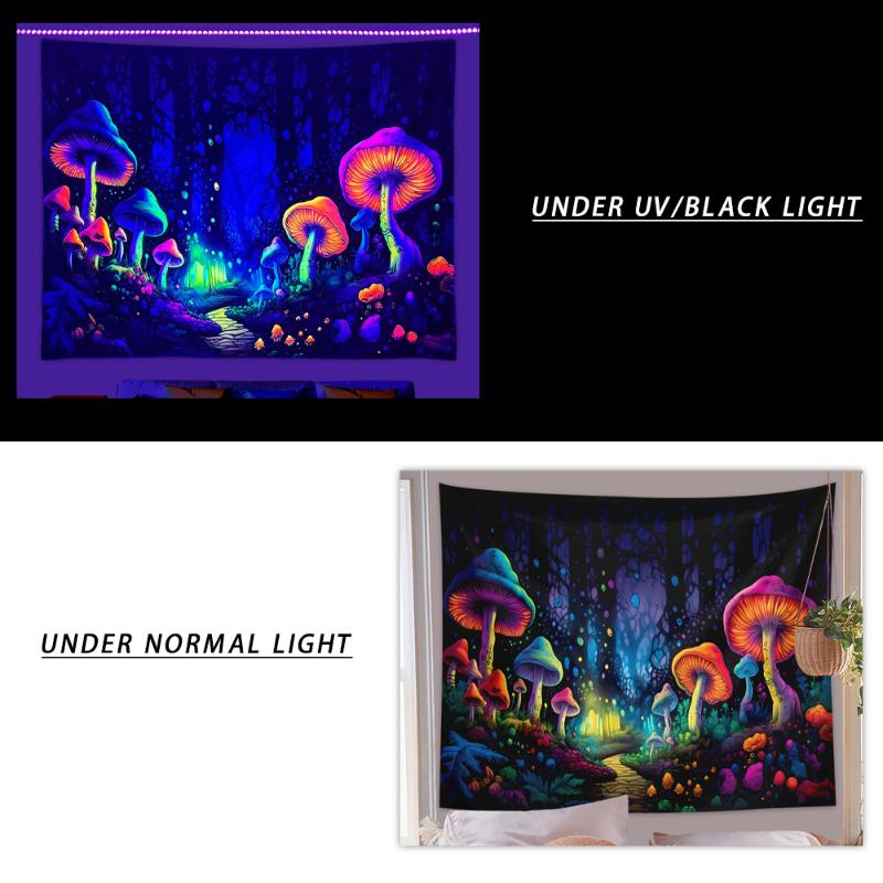 1pc Fluorescent mushroom forest planet black light tapestry, UV neon light tapestry, room wall decoration tapestry