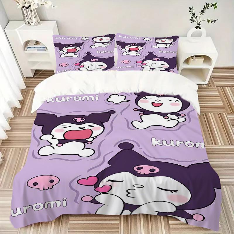 3pcs Kuromi's Playful Adventures Pattern Bedding Three-Piece Set (1 Cover + 2 Pillowcases, No Fillings), This Printed Bedding Set Is Soft an