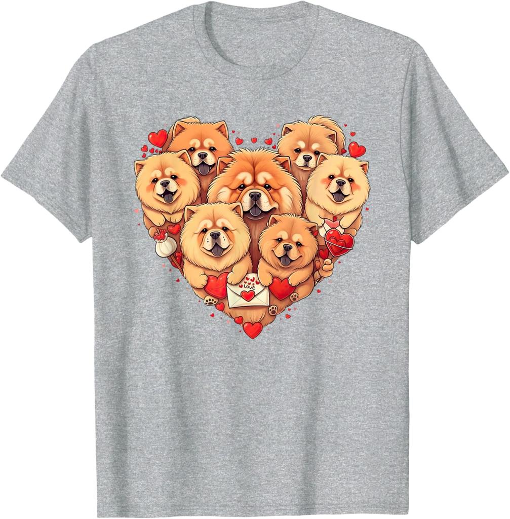 Chow Chow Heart Valentine Dogs Graphic Tee Short Sleeve Crewneck Casual Cotton T-Shirt for Men Women