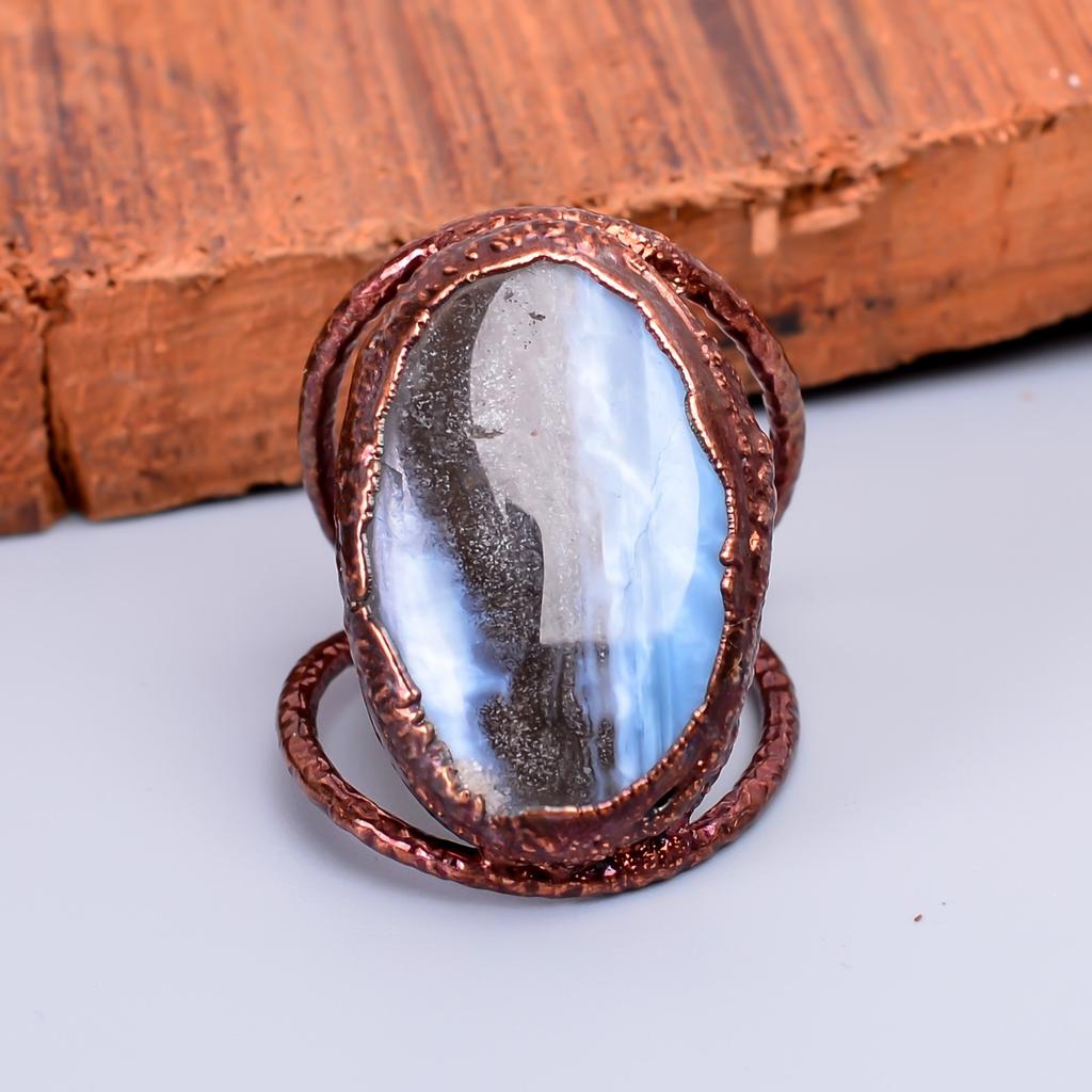 Oval Owyhee Blue Opal Stone Birthday Electroformed Eternity Ring Jewelry Copper V-57