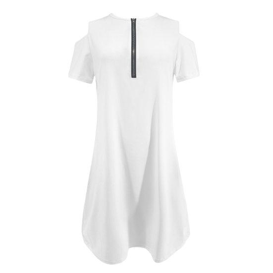 Mini robe à col rond, fermeture éclair, demi-patte de boutonnage, manches courtes, coupe ample, couleur unie, épaules dénudées, robe courte, Streetwear