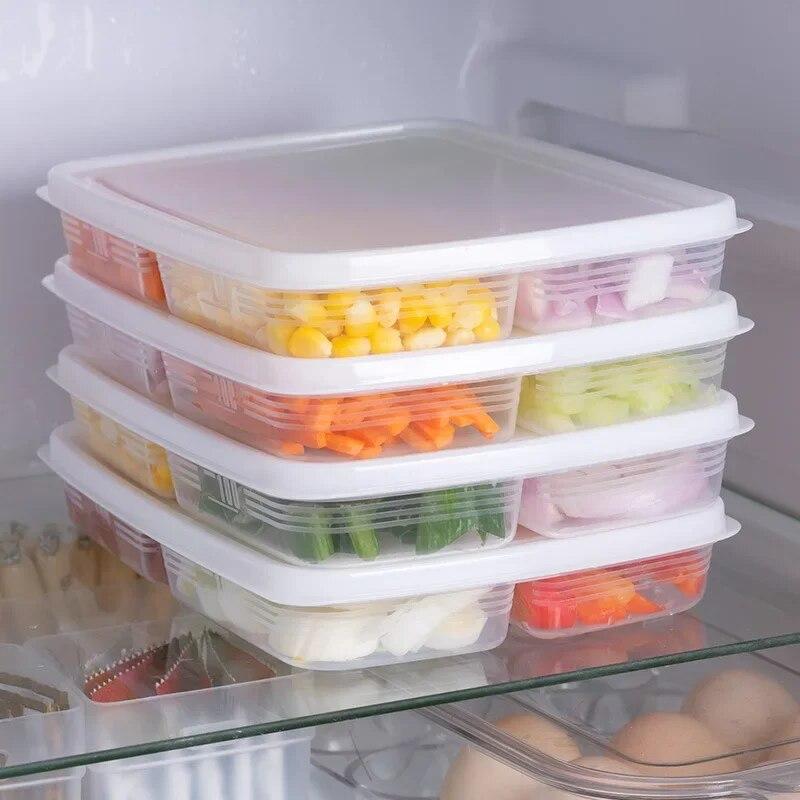 4 Grids Food Fruit Storage Box Portable Compartment Refrigerator Freezer Organizers Sub-Packed Meat Onion Ginger Clear Crisper AVE