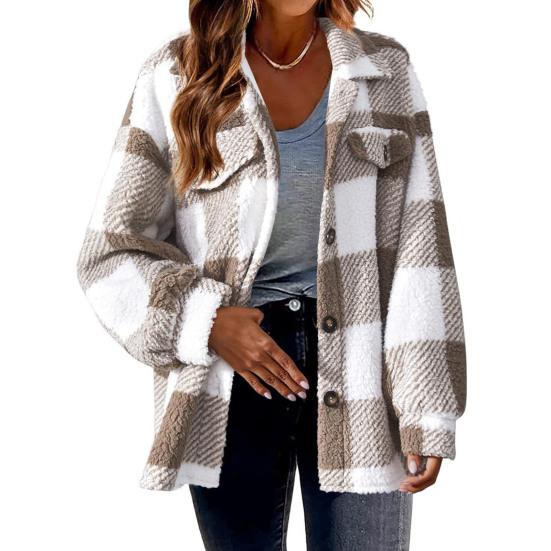 Fall Winter Women Jacket with Fake Pockets Contrast Color Plaid Print Plus Size Turn-down Collar Single-breasted Long Sleeve Cardigan Plush Coat
