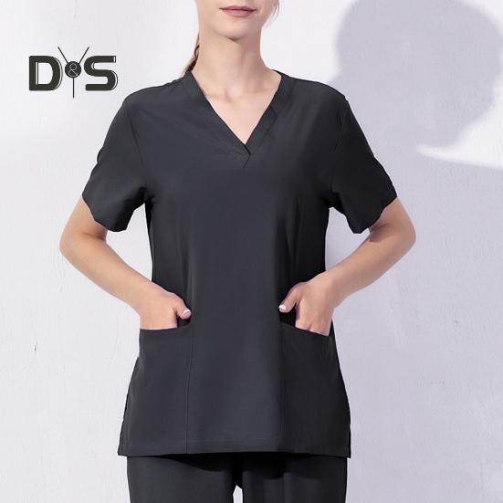 V Neck Short Sleeve Operating Room Uniform Tops Pockets Side Split Hospital Working Tops Nurse Dental Surgery Tops Workwear