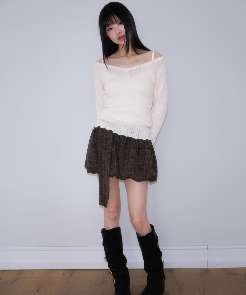 Rose Franz Balloon Check Belted Miniskirt [Brown]