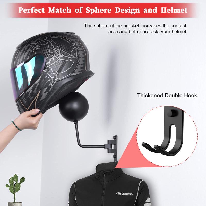 Motorcycle Helmet Wall Mount Holder - 180 Degree Rotating Rack with Hooks for Bike, Baseball, Cycling, Ski Helmets Storage