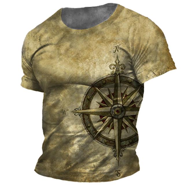 T-shirt imprimé boussole carte nautique vintage pour hommes, été, quotidien, ample, manches courtes, hauts décontractés, vêtements unisexes