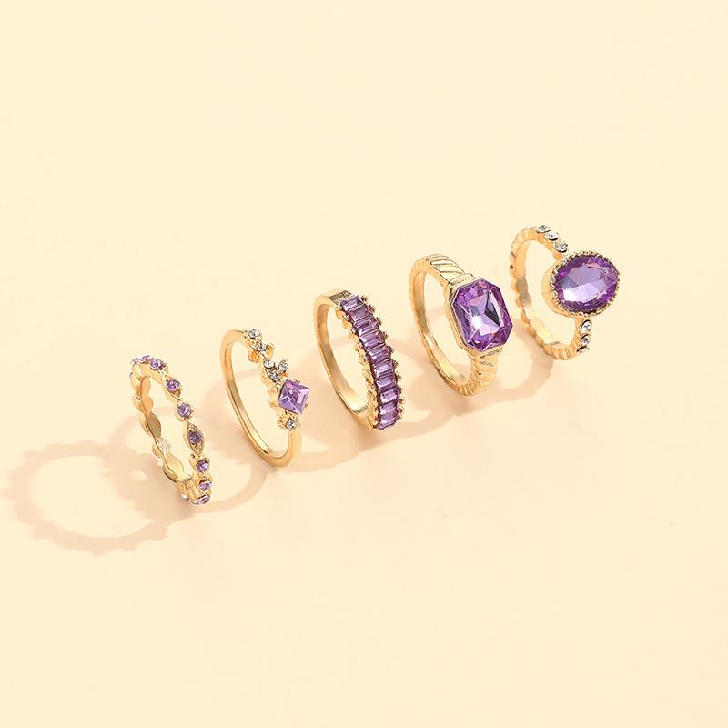 Vintage Purple Rhinestones Ring Set Imitation Crystal Bohemian LuxuryRing for Women Jewelry Wedding Party Accessories Gifts