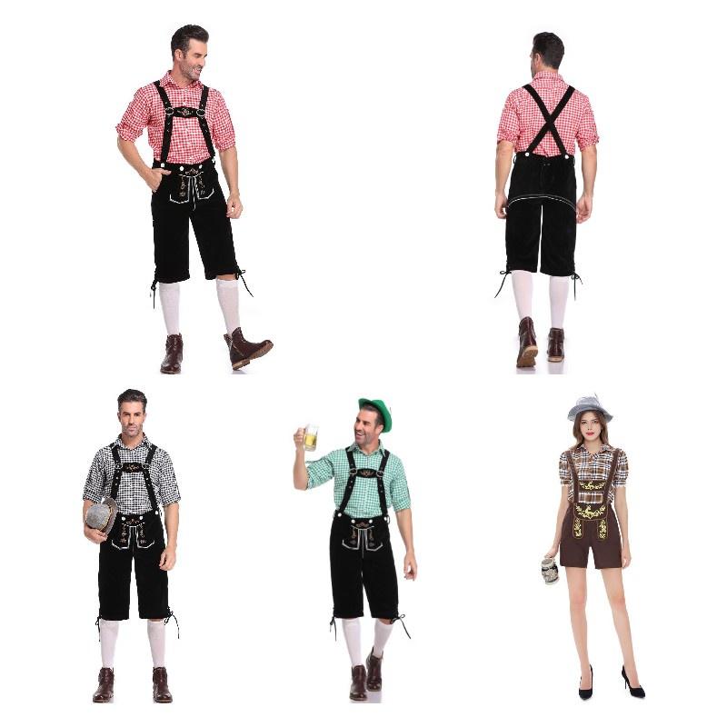  Men's And Women's Oktoberfest Clothing, Halloween Costume, Plaid Suspender Pants, Couples German Beer Costume