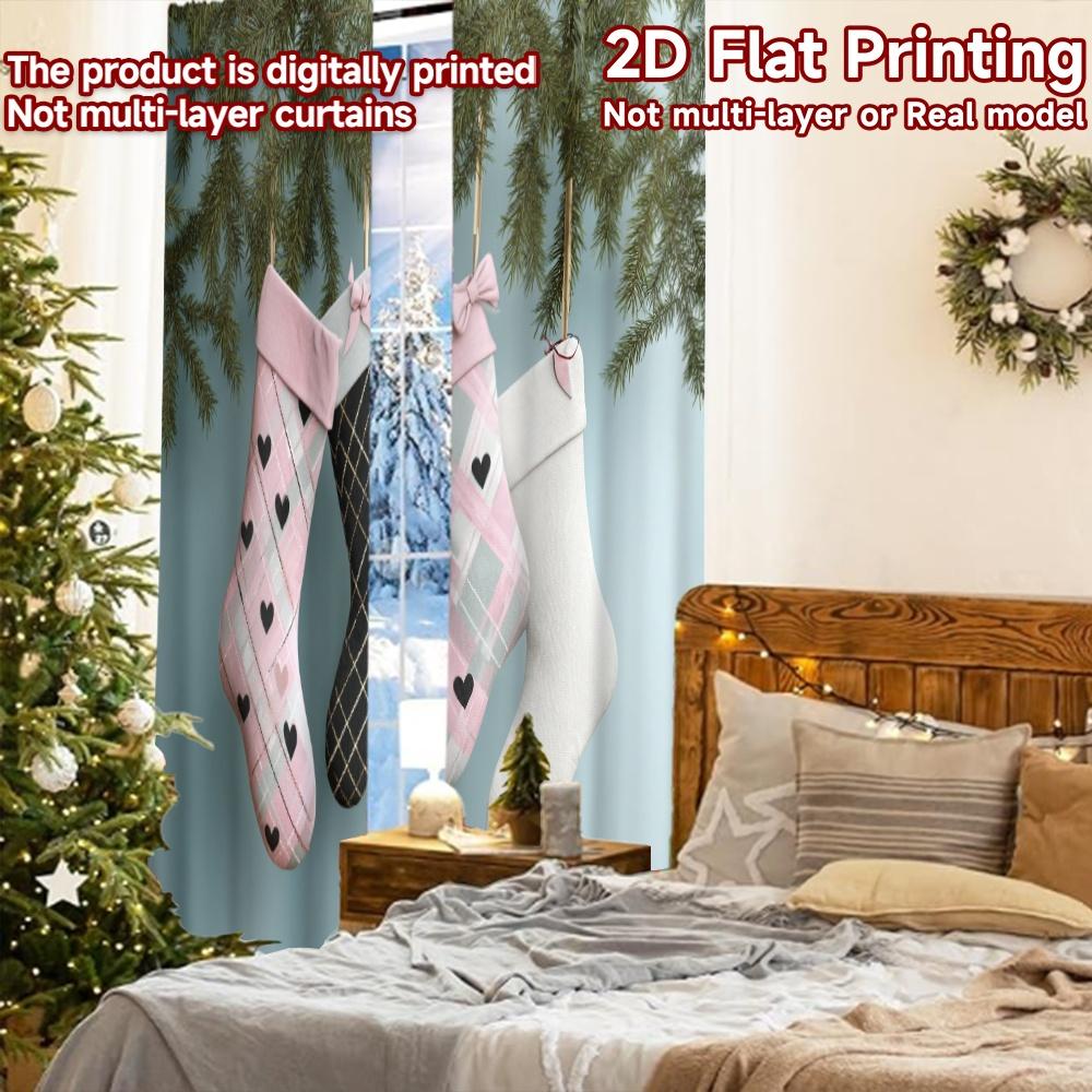 2pcs, 2D FLAT PRINTING Curtains (Without Rod) Festive Stockings Christmas Festival Minimalist Curtains Versatile Polyester