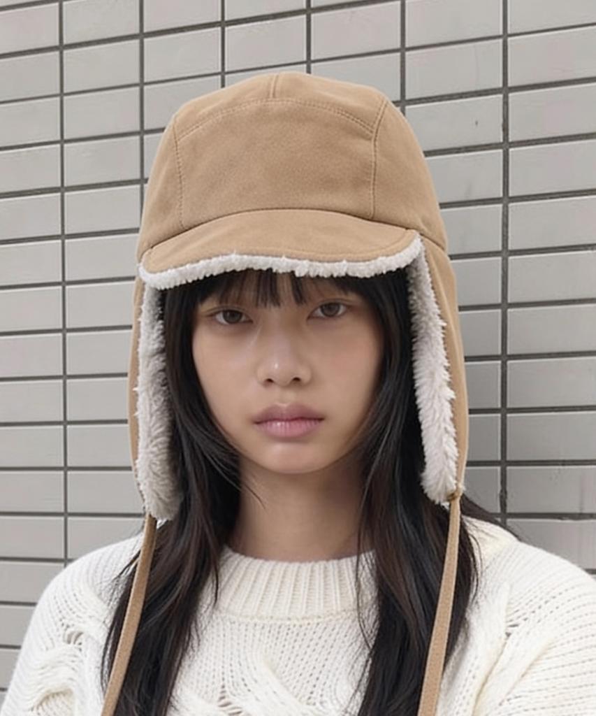 Eondeokeonteulolseutyudio Winter Reversible Fur Hat Trapper Hat / Reverse Fur / Flannel Beige