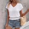 Women Tops V-Neck Short Sleeve Jacquard Decoration Pullover Tops Solid Color Loose Fit Elastic Hem T-shirt