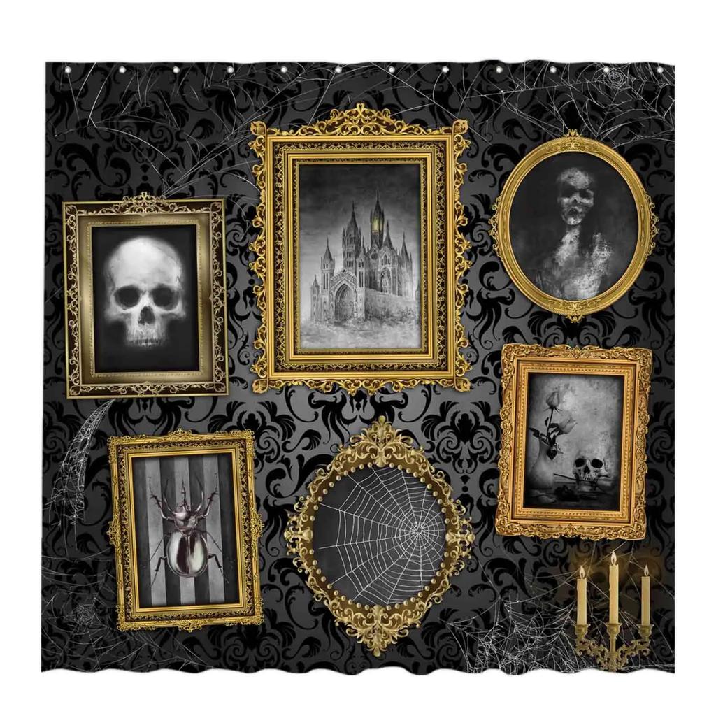 Mittelalterliche Duschvorhänge Rustikales Holzschild am mittelalterlichen Burgtor Badevorhang Holztür Historisches Vintage-Badezimmer