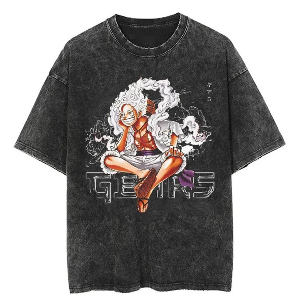Lässiges gewaschenes Harajuku Herren T-Shirt Baumwolle gewaschen Japanischer Anime One Piece Grafik Locker Streetwear Schwarze Oberteile T-Shirts