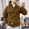 Spring Fall Men Hoodie Big Patch Pocket Drawstring Hooded Chest Pockets Half Zipper Long Sleeves Solid Color Sport Top