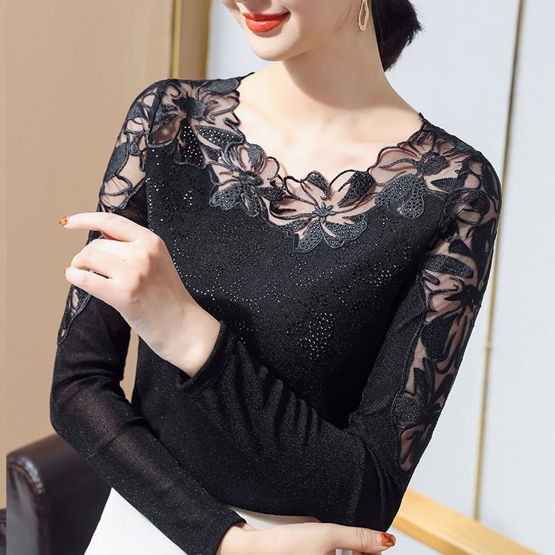 Lace Long Sleeve T Shirt With Mesh Fabric For Womens Elegant Office Wear