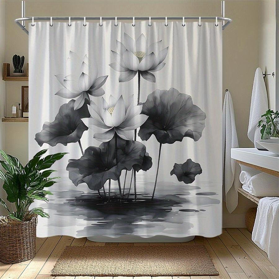 1Pc White Shower Curtain With Water Lily Pattern, With Hooks, Made Of Polyester, Machine Washable, Suitable For Bathroom Decor.