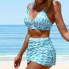 Costum de baie pentru damă cu gât agățat cu bikini cu imprimeu cu frunze albastre