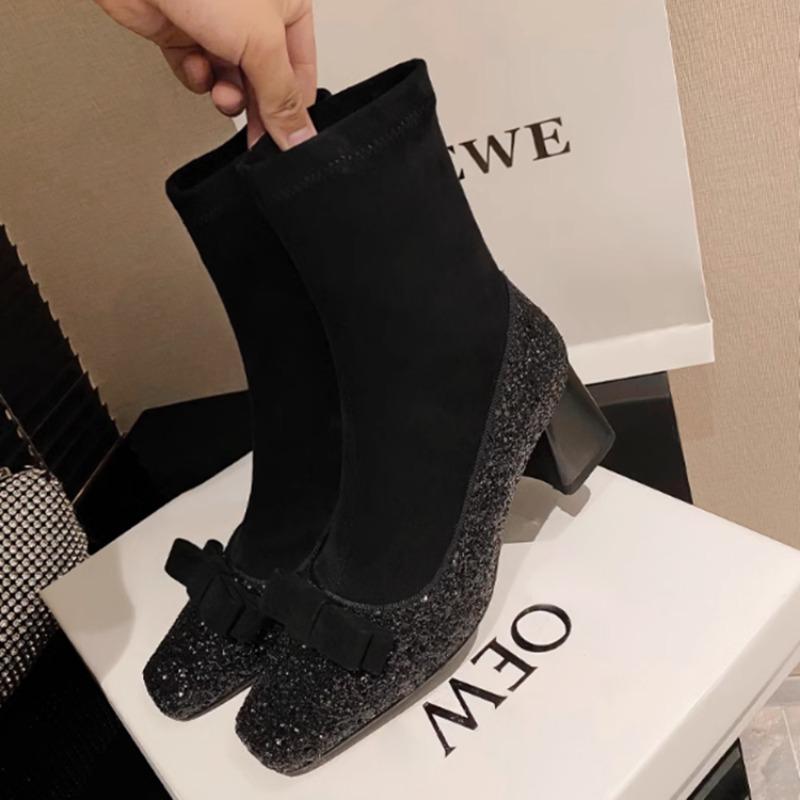 Fashion Square Toe Bling Women Snow Ankle Boots Bow Mid Heels Fad Sock Boots Suede Chunky Shoes 2024 Trend Winter Designer Botas Mujer