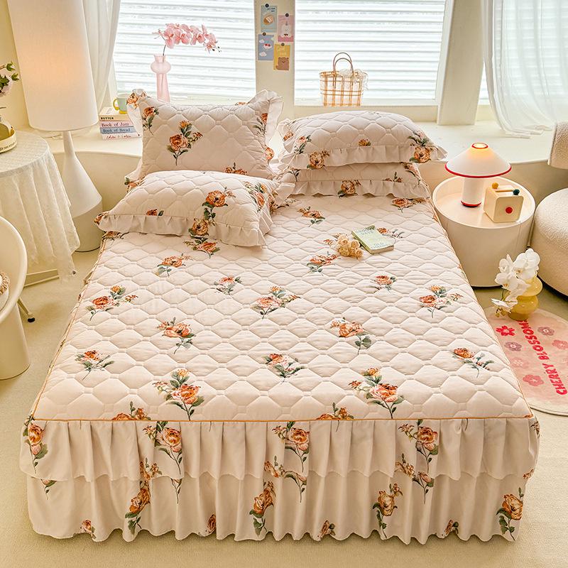 Korean-Style Quilted Lace Princess Bed Skirt – Thickened Silk Brushed Dustproof Bedspread