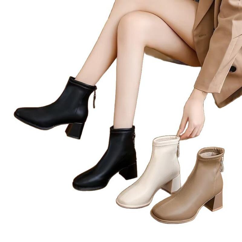 Thick-heeled Shoes, Square-toed Fleece Ankle Boots, Women's Soft Leather Ankle Boots