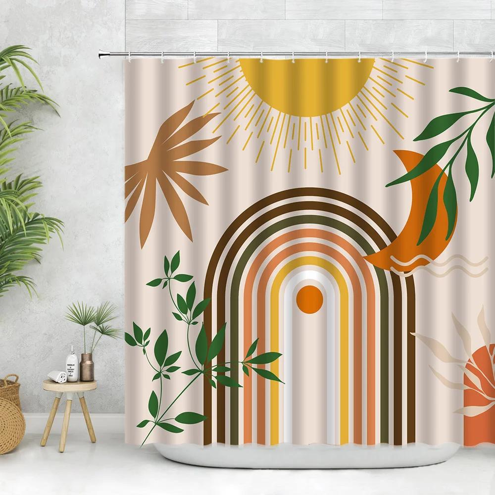 Unframed Abstract Neutral Leaves Simple Bathroom Shower Curtain Mid Century Sun Minimalist Modern Polyester Fabric Decor Bathroo