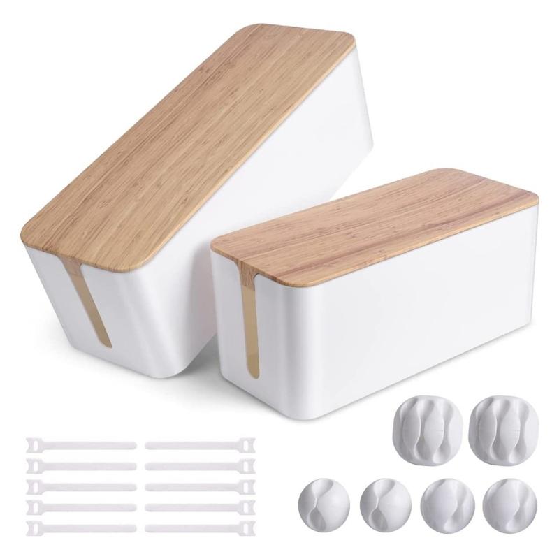 Plastic Desk Cable Management Box Dustproof Cord Organizers Cable Storage Box Wood and Plastic Texture for Home Office