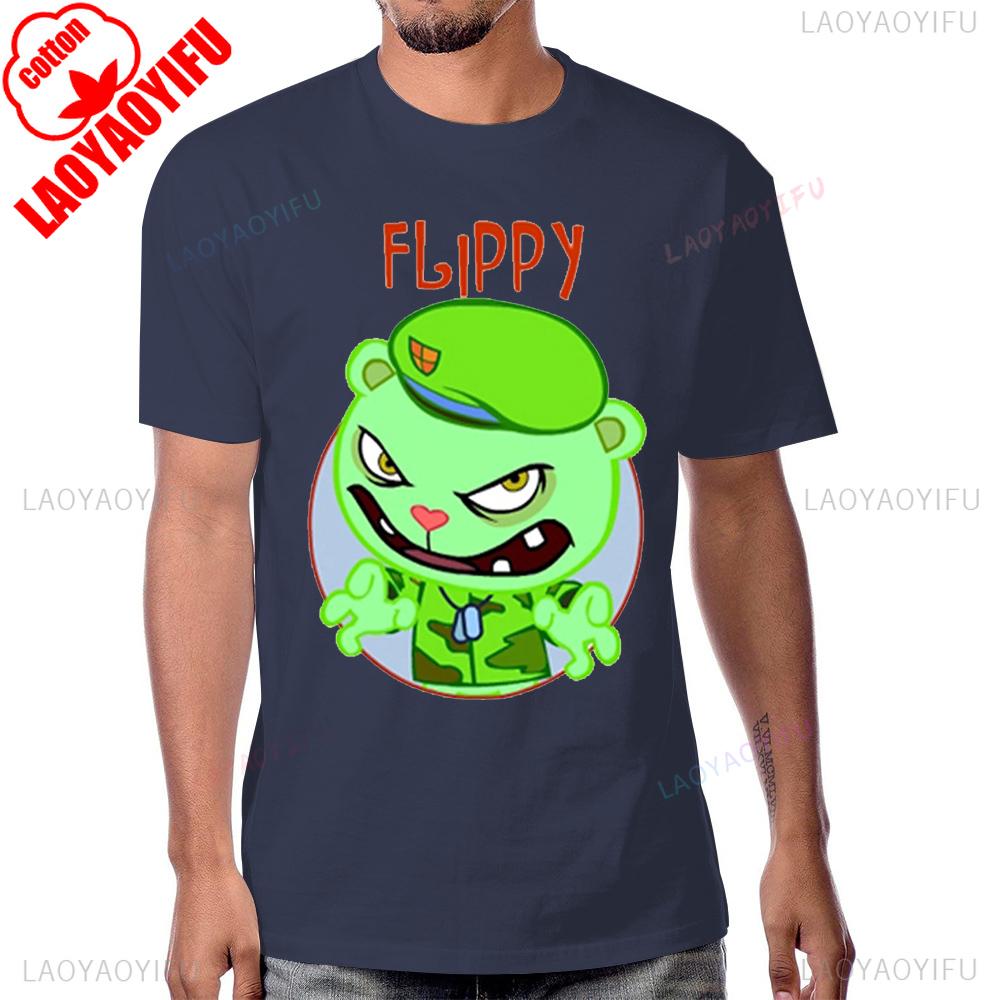 T-shirt imprimé Happy Tree Friends style anime vintage années 90, manches courtes, été, homme, noir, humour, 100% coton