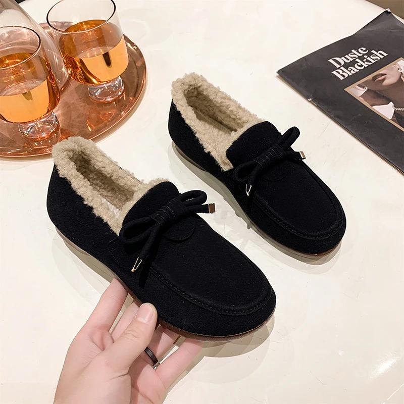 Vinter Varma Skor Mode Låg Topp Platt Bomullsskor Kvinnor Flats Casual Spänne Mocka Komfort Platåskor