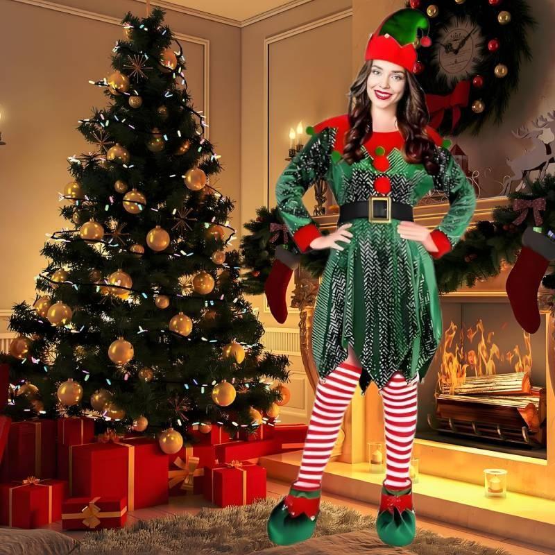 Bezauberndes Weihnachtselfen Kostüm für Damen in Olivgrünem Samt mit Funkelnden Pailletten