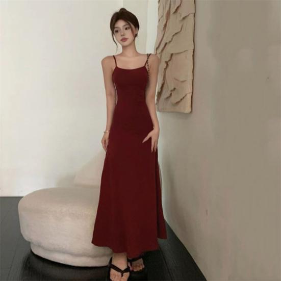 Lady Strappy Dress Spaghetti Strap Sleeveless Tight Waist Slim Fit Backless Dress-up Low-cut Ankle Length Women Vest Dress Female Clothes