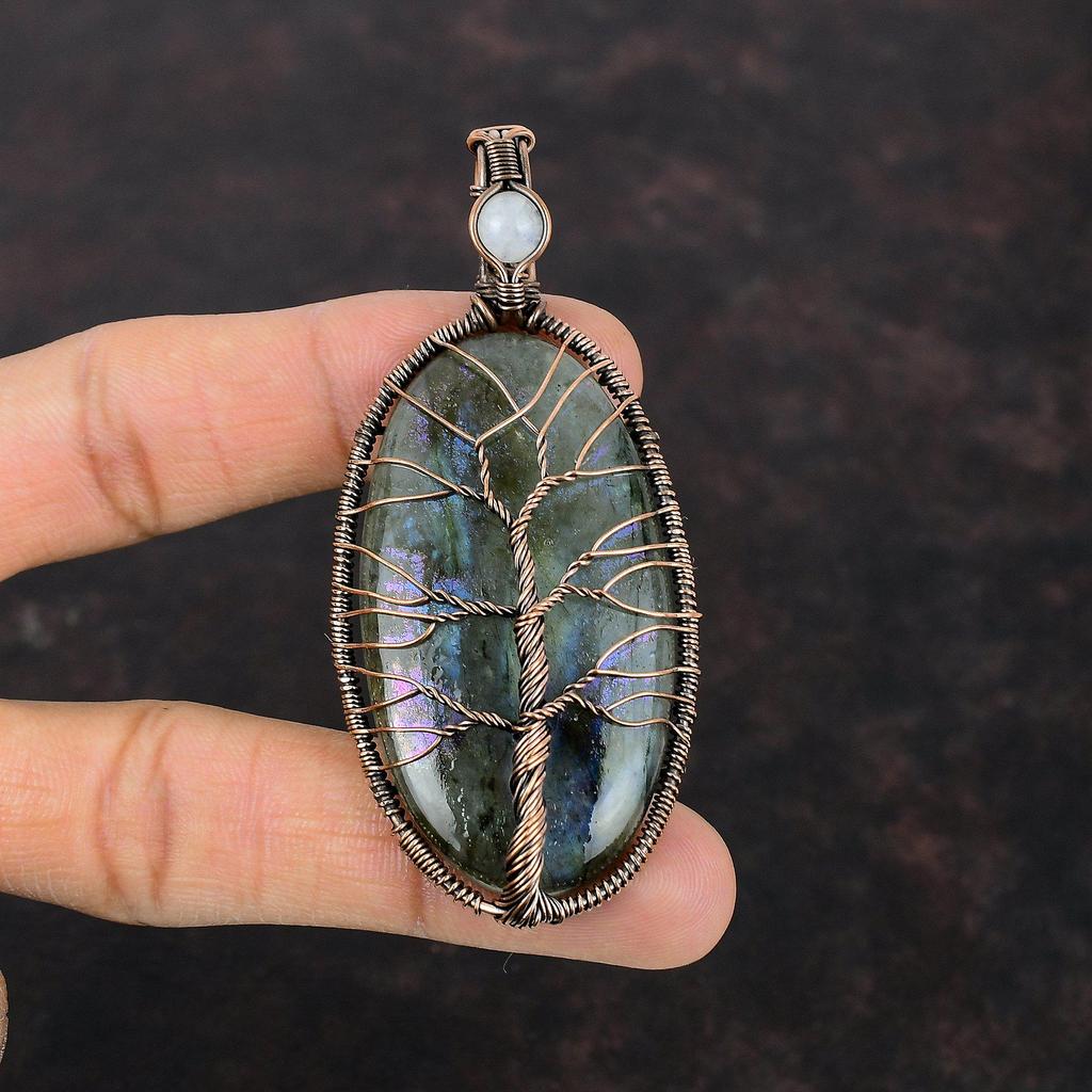 Tree Of Life Mystic Fire Labradorite Gemstone Pendant Copper Wire Wrapped Jewelry Rainbow Moonstone Pendant Handmade Copper Pendant For Gift