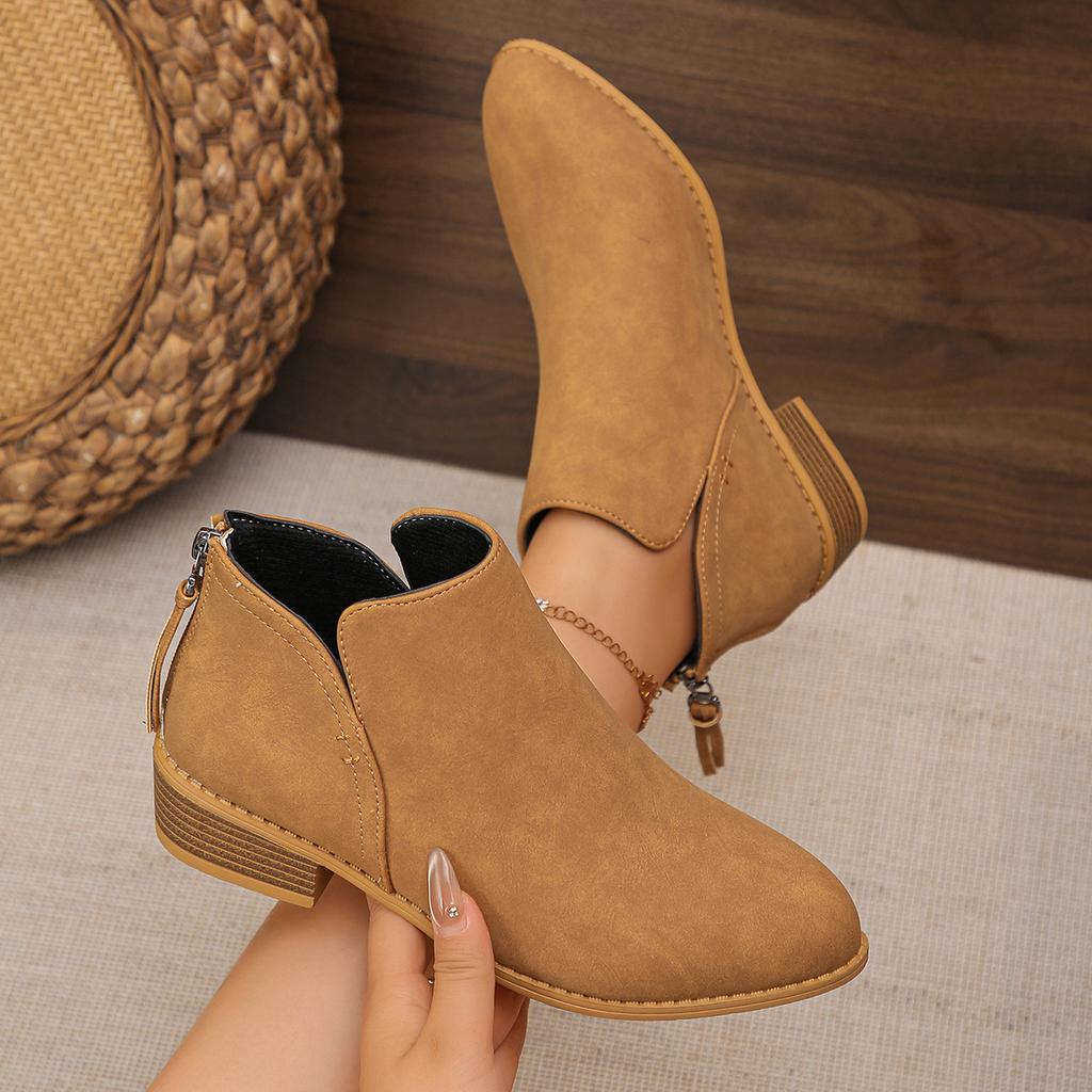 Oversized Leather Boots, Women's Boots, Solid Color, Slimming Effect, Pointed Back Zipper, Casual Thick Sole, Thick Heel Boots, Women's Singles