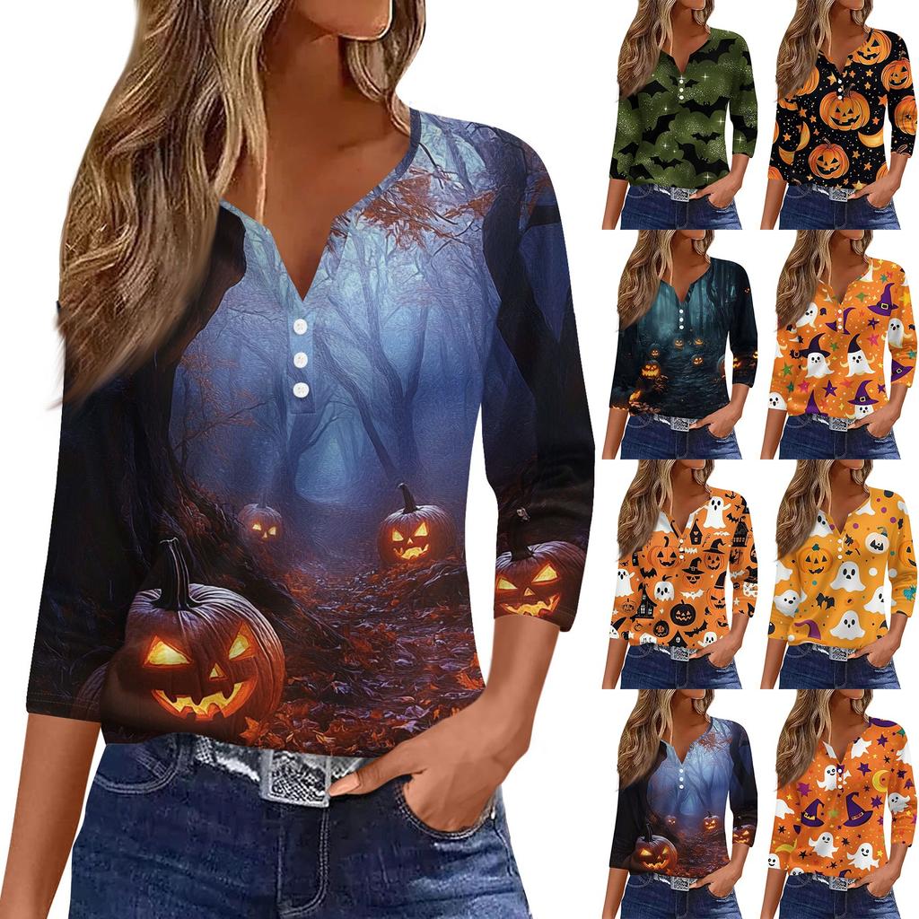 Women's Casual Fashion V-neck Loose Versatile Halloween Print Three-quarter Sleeve Top