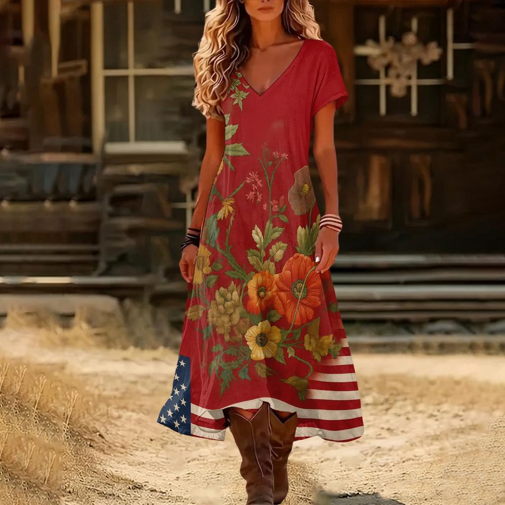 Ladies Summer Dresses Uk Womens Summer Dresses Uk Summer Dresses for Women Uk Floral Print Loose Fit V Neck Short Sleeve Casual Maxi Dress