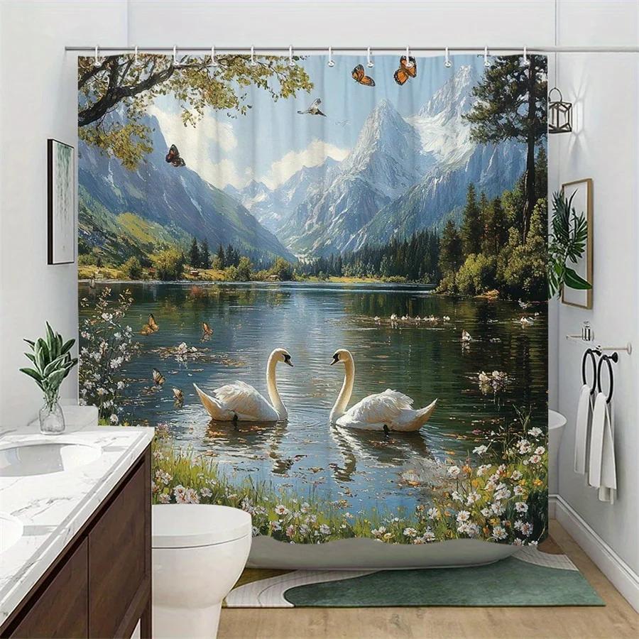 1pc Alpine Swan Shower Curtain - Serene Swan Lake Mountain Landscape with Wildflowers & Butterflies, Durable Polyester Fabric, M