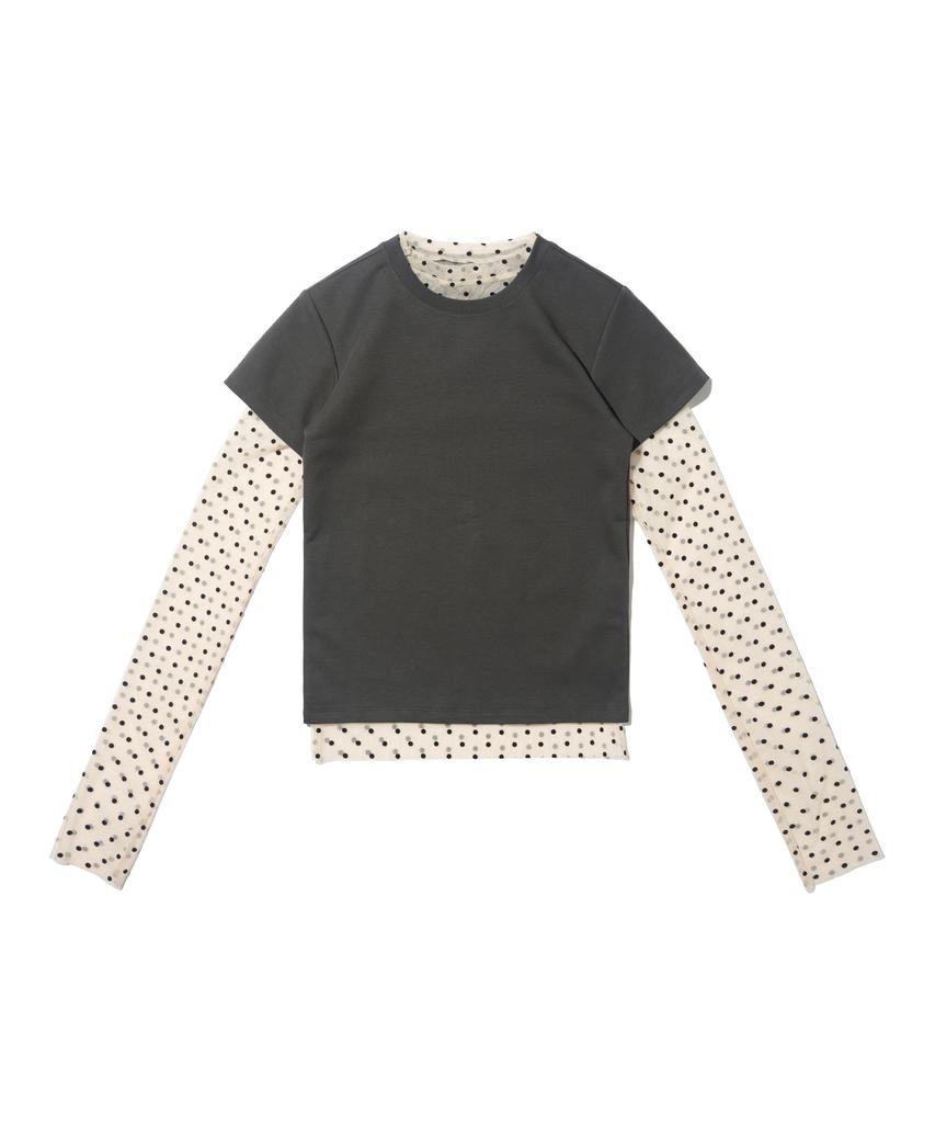 CARGOBROS FOR WOMAN Dot See-Through Long Sleeve Layered Short Sleeve Tee Set (Ivory/Charcoal)