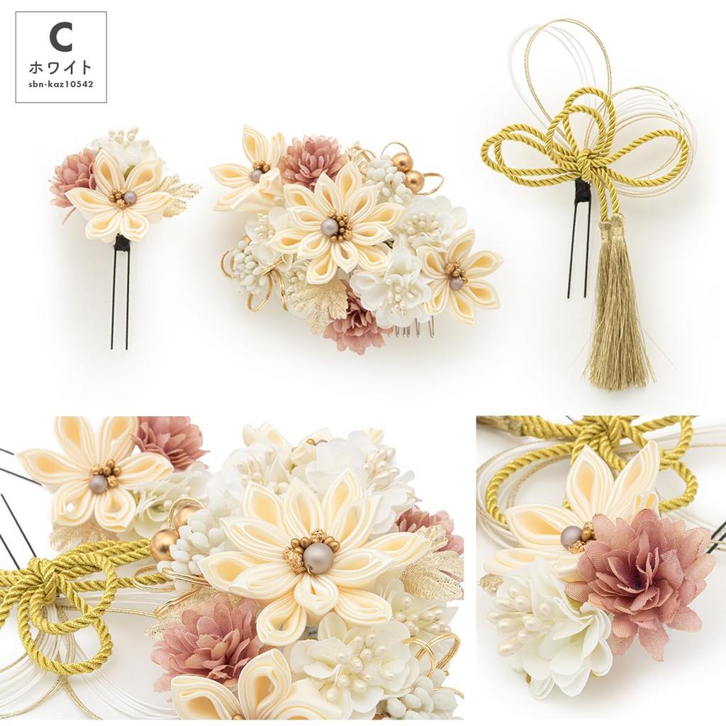 [SOUBIEN] Soubien Hair Ornament Set for Coming-of-Age Ceremony, Mizuhiki, Tsumami-zaiku, Furisode, Graduation Ceremony, Hakama, 3-Piece Set, Cherry