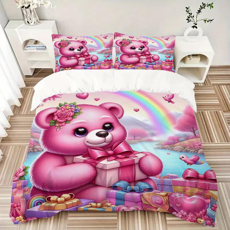 3-teiliges rosa Teddybär-Bettwäsche-Set - Enthält einen Bettbezug und zwei Kissenbezüge (Kein Kern) - Heimdekoration, Festivalgeschenk, Polyesterstoff, Ani