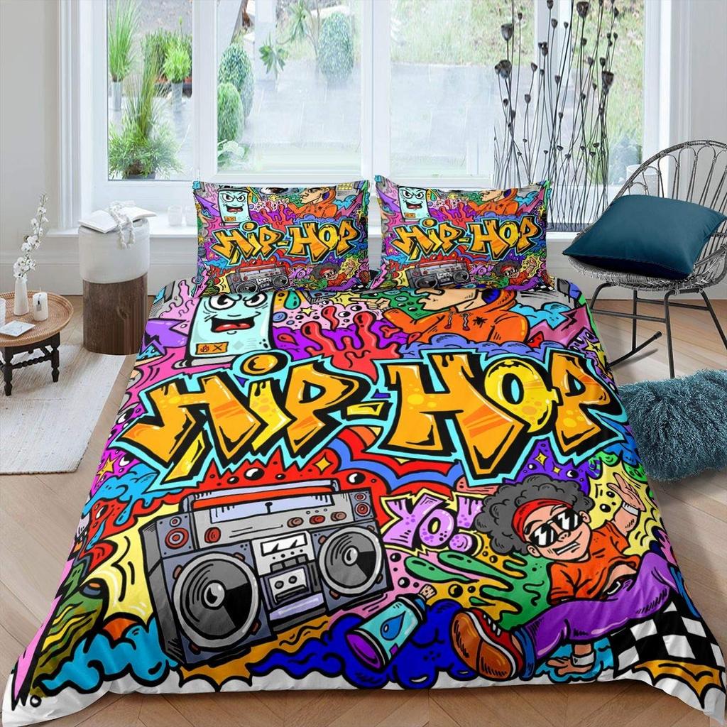 Housse de couette Graffiti Hippie Hip Hop pour Enfants Adolescents Adultes Mur Art Urbain Rue Thème Housse de couette Polyester Décorations de Chambre